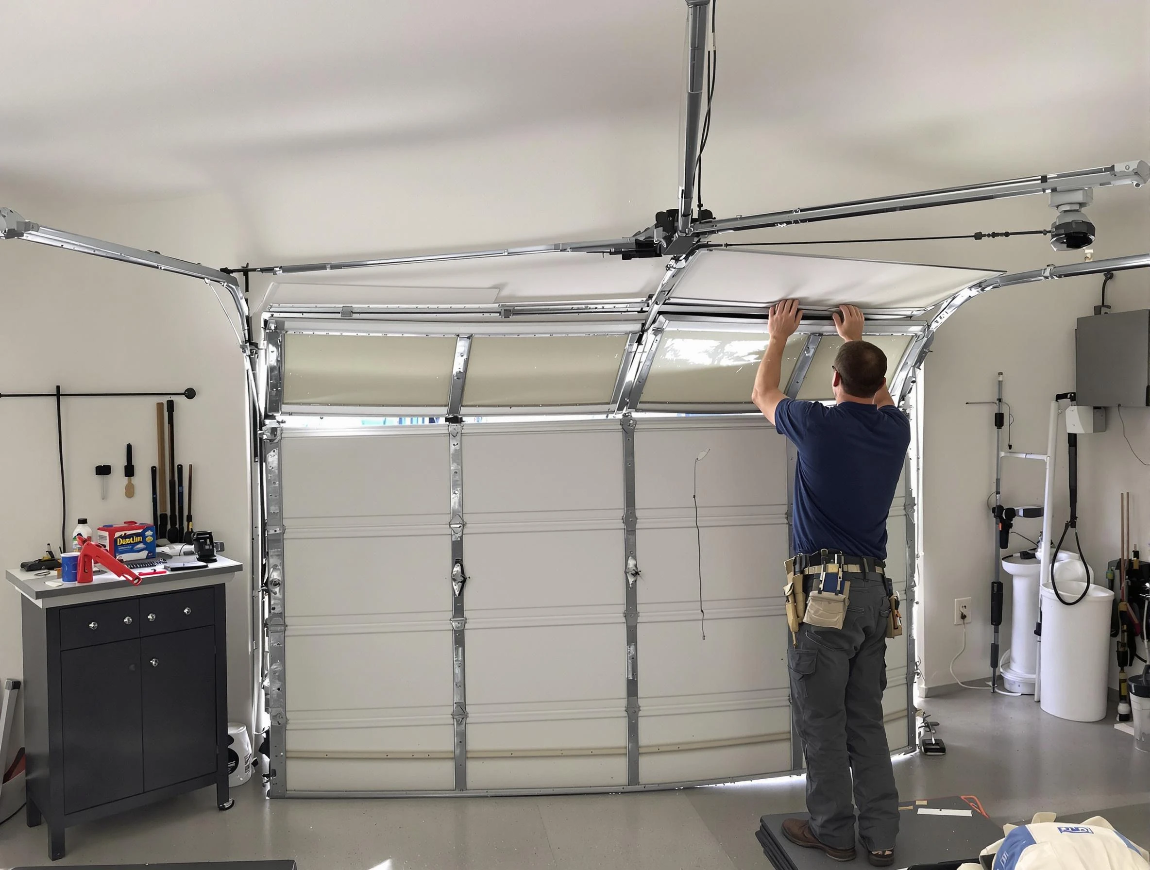 Franklin Garage Door Repair specialist performing precise section replacement on Franklin garage door