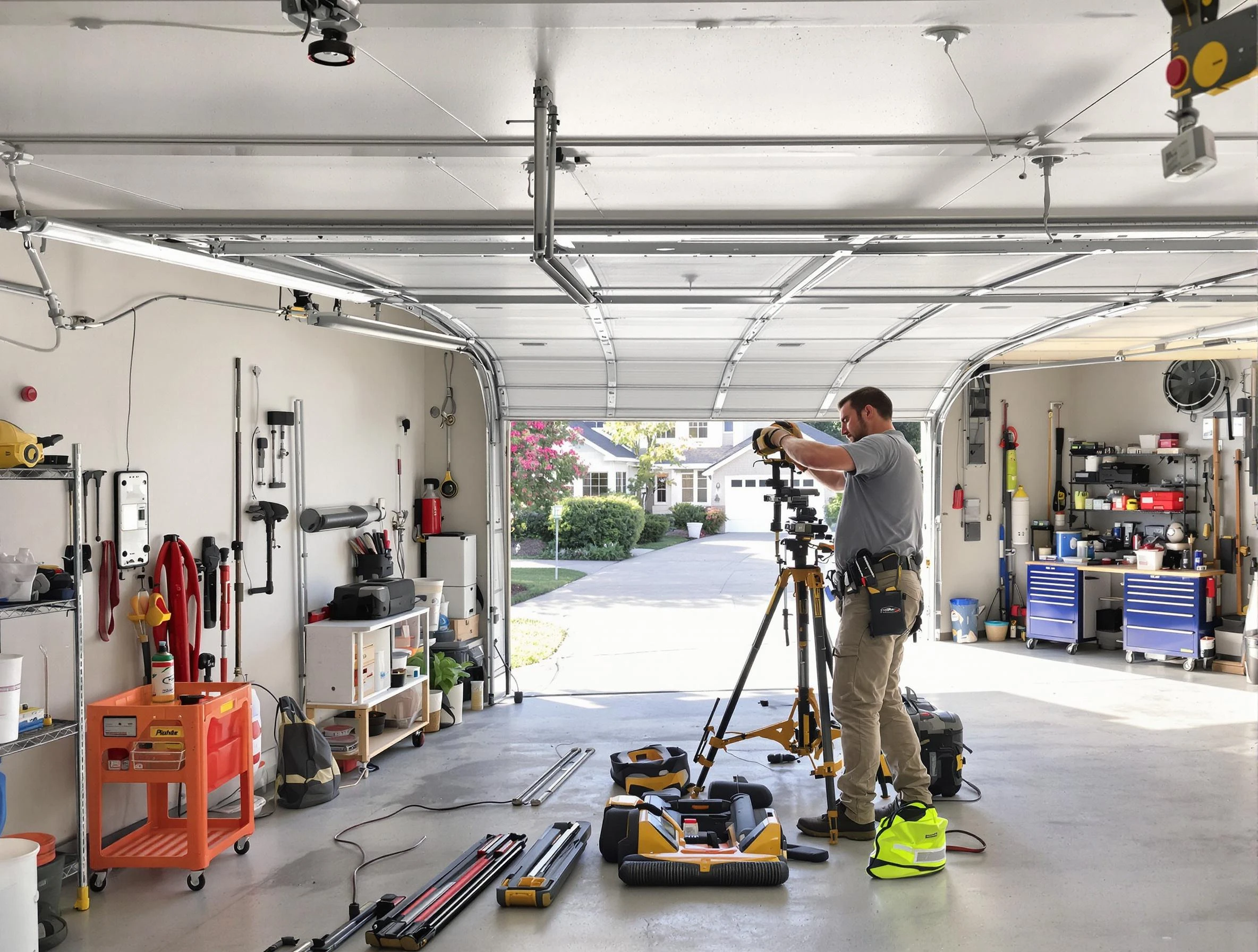Franklin Garage Door Repair specialist performing laser-guided track alignment in Franklin